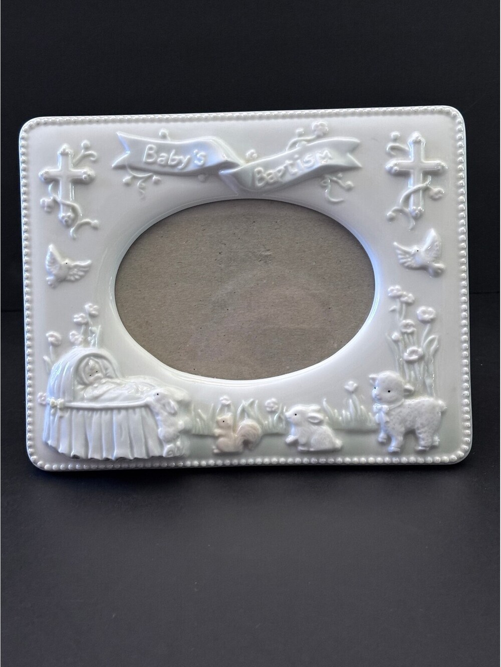 Russ Berrie Baby's Baptism Porcelain 3.5"x5" White Photo Frame with Light Blue